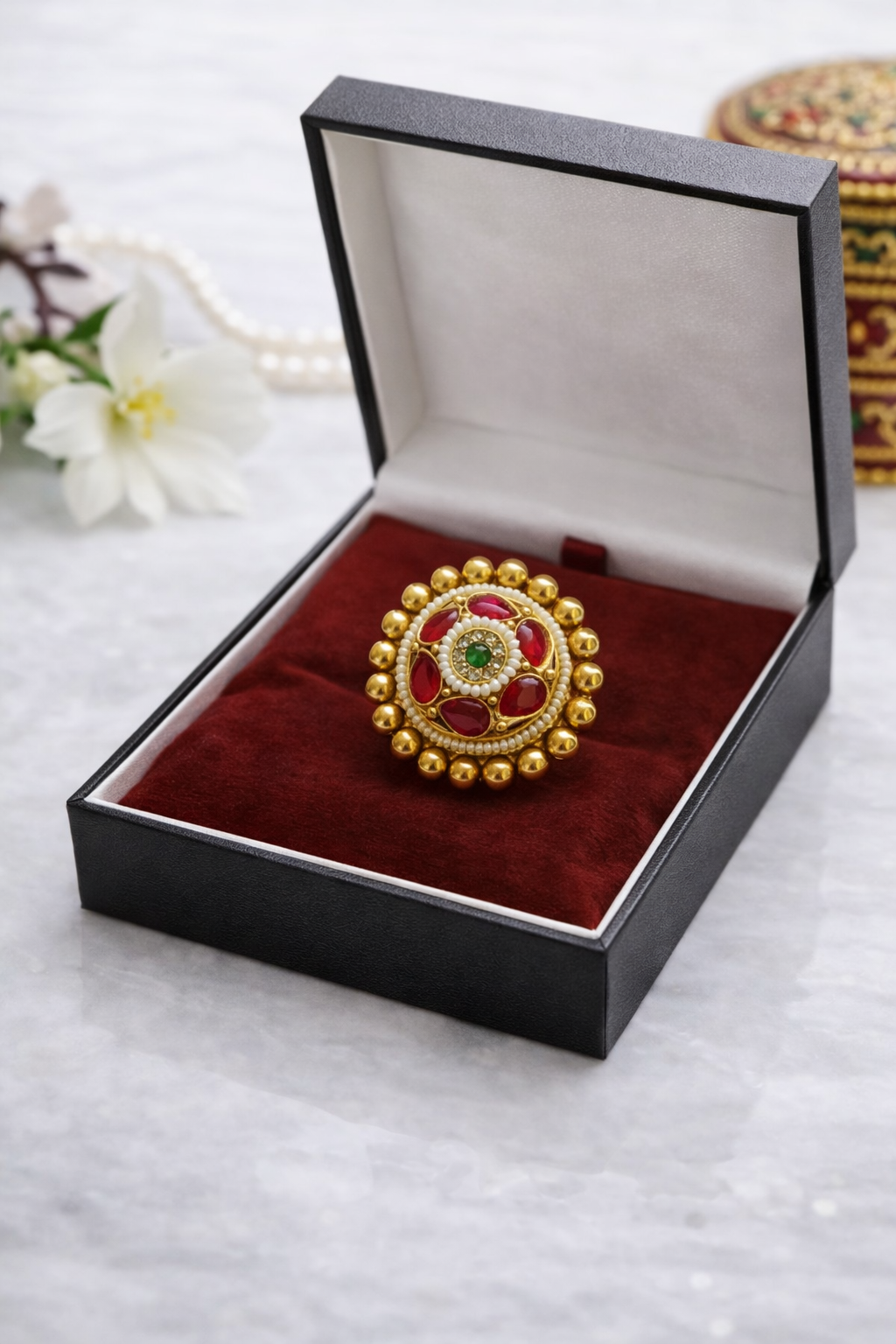 file_0000000004347206b9040851d56da2e8 Traditional Rajwadi Gold Plated Brass Ring for women. - Image 1