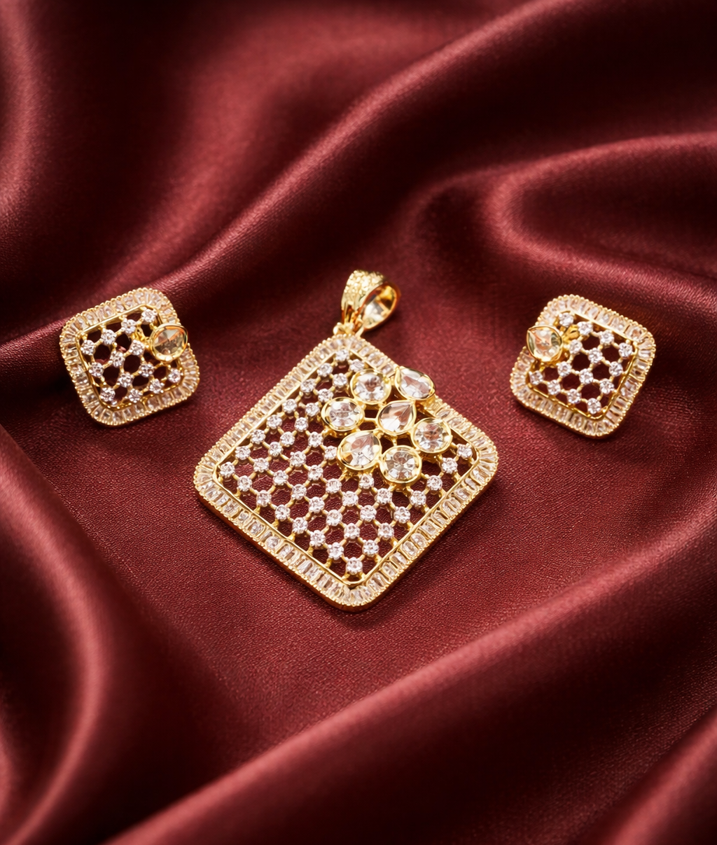 IMG_20260211_232235 Elegant Square Gold AD Pendant Set for women. - Image 1
