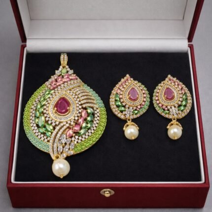 Royal Multicolor Teardrop Pendant Set with Pearl Drop Earrings ✨