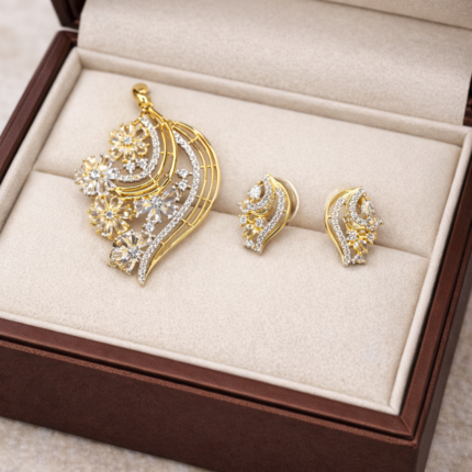 Golden Floral CZ Pendant Set with Earrings ✨