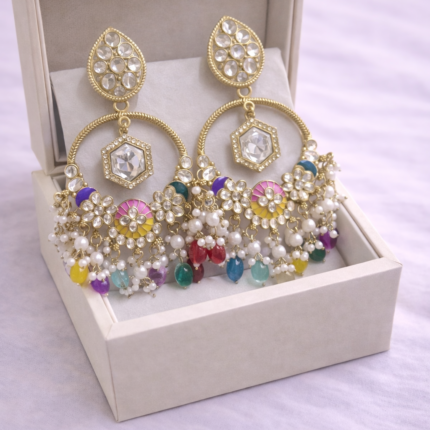 Royal Multicolor Kundan Pearl Chandbali Earrings✨