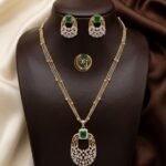 Premium A.D. Diamond Green Stone Pendant Set with Earrings | Gold Plated Designer Chain Pendant for Women ✨💚