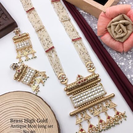 Premium Brass High Gold Antique Moti Long Necklace Set with Earrings | Traditional Kundan Pearl Bridal Jewellery