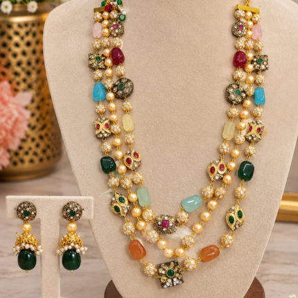 Royal Multicolor Kundan Pearl Necklace Set✨