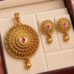 Antique Gold Plated Pendant Set with Ruby Stone | Traditional Floral Pendant & Earrings Set